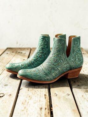 Myra Western Tooled Leather Booties Teal Green Cowgirl Ankle Boots Size 6 NWT